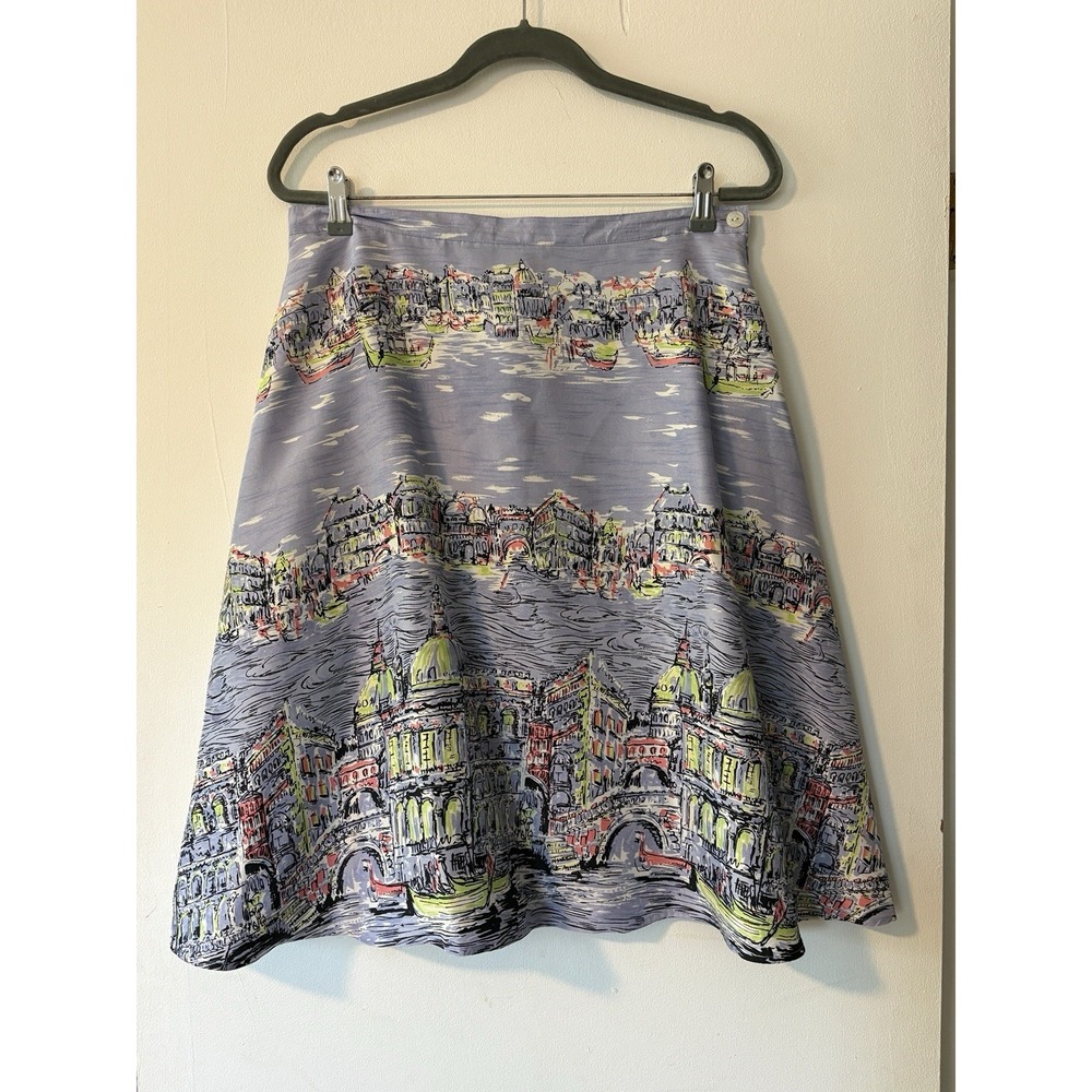 Junction West 100% Silk Skirt 12 Novelty Print Venice Scene Anthropologie Style